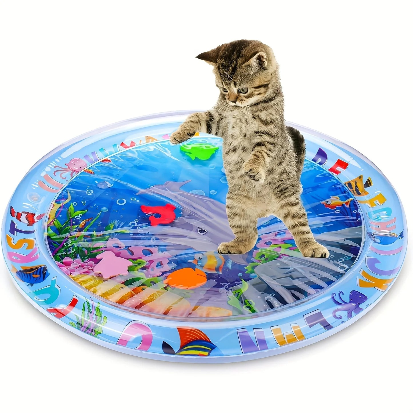 Tapis de piscine gonflable pour chat avec motif de vie marine - Jeu interactif d'inflation d'eau pour grimper et résoudre des puzzles, tapis d'activité pour animaux de compagnie en PVC durable non électrique pour chats de taille moyenne, utilisation intérieure/extérieure, jouet pour chat, design ludique, facile à nettoyer, propriétaires de chats, sans batterie