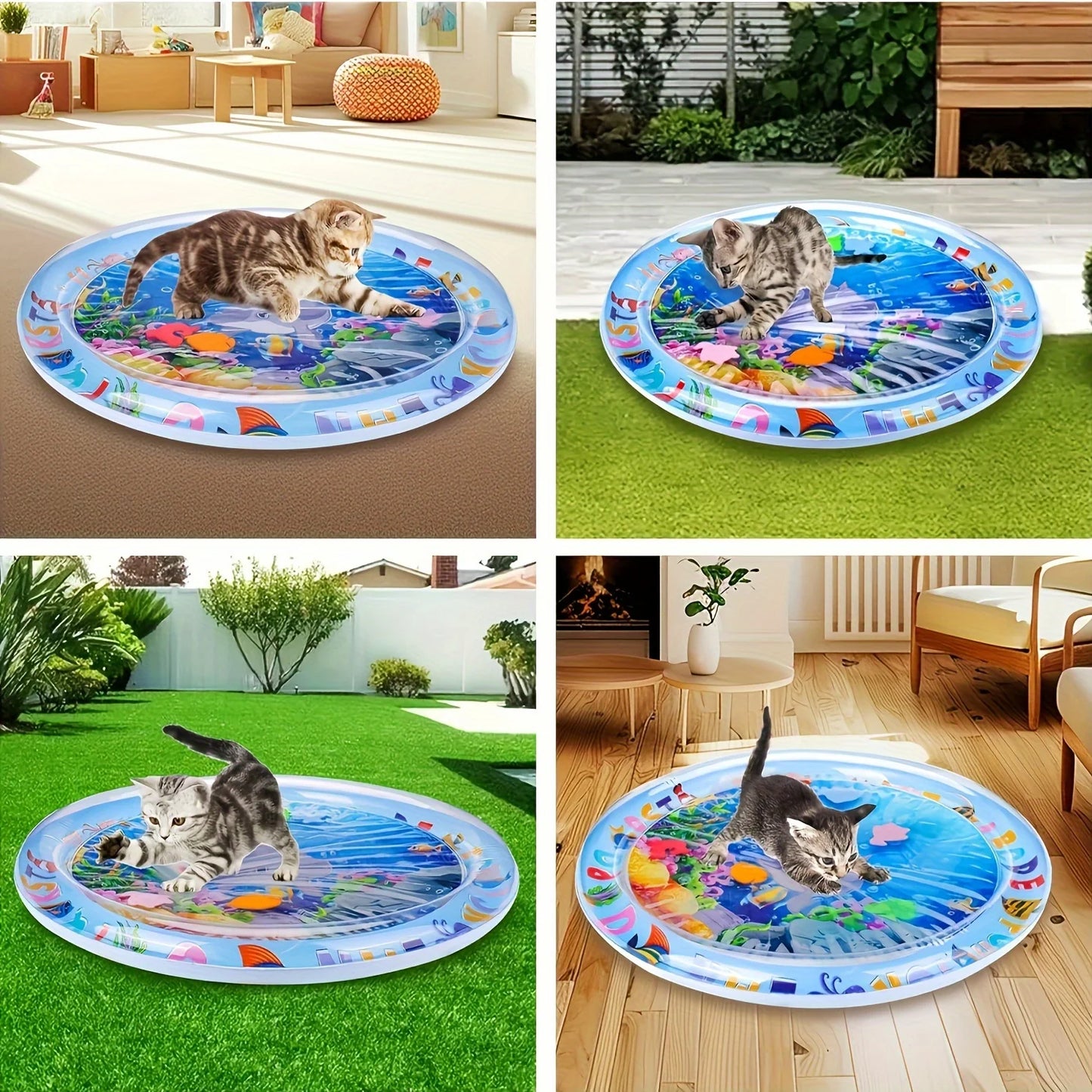 Tapis de piscine gonflable pour chat avec motif de vie marine - Jeu interactif d'inflation d'eau pour grimper et résoudre des puzzles, tapis d'activité pour animaux de compagnie en PVC durable non électrique pour chats de taille moyenne, utilisation intérieure/extérieure, jouet pour chat, design ludique, facile à nettoyer, propriétaires de chats, sans batterie