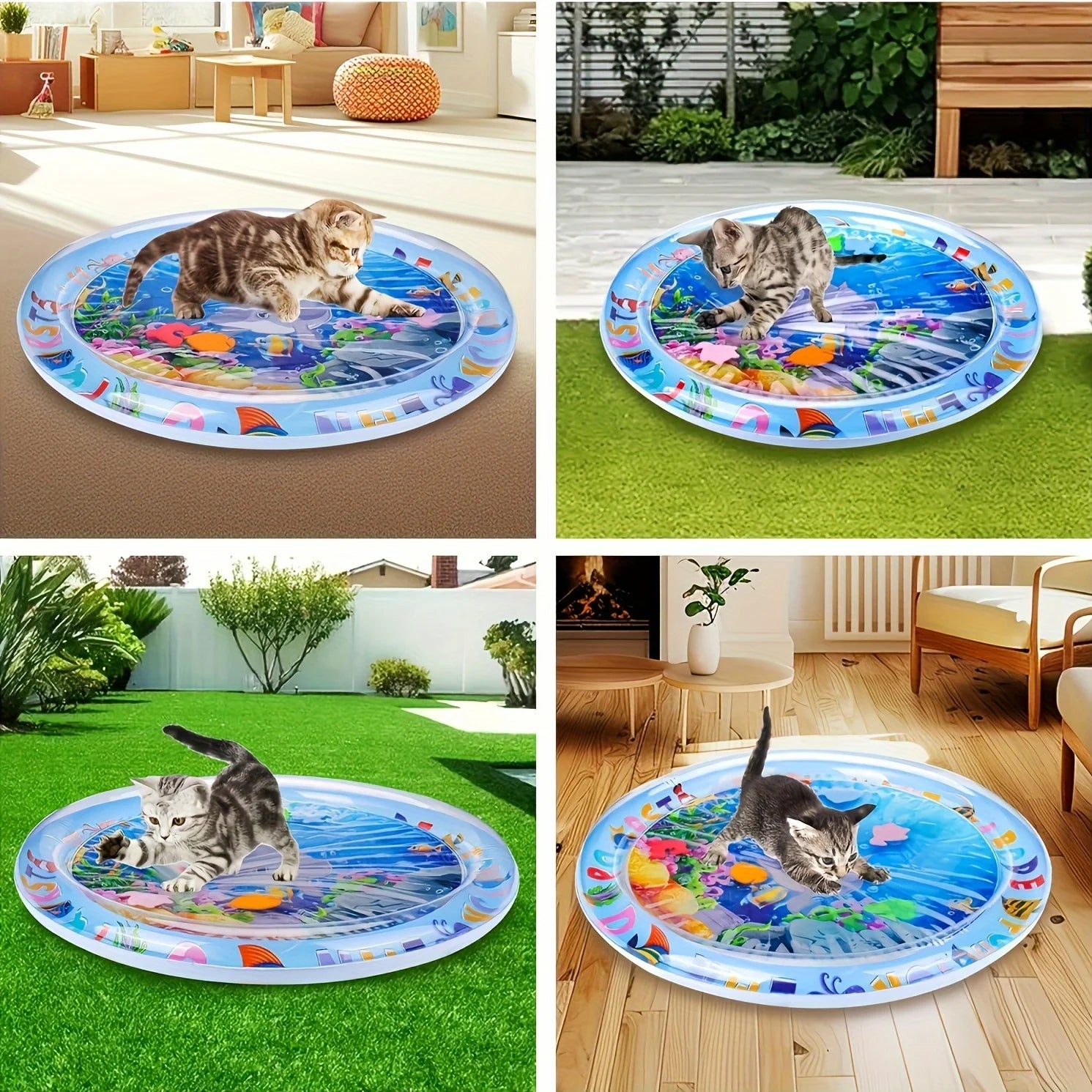 Tapis de piscine gonflable pour chat avec motif de vie marine - Jeu interactif d'inflation d'eau pour grimper et résoudre des puzzles, tapis d'activité pour animaux de compagnie en PVC durable non électrique pour chats de taille moyenne, utilisation intérieure/extérieure, jouet pour chat, design ludique, facile à nettoyer, propriétaires de chats, sans batterie